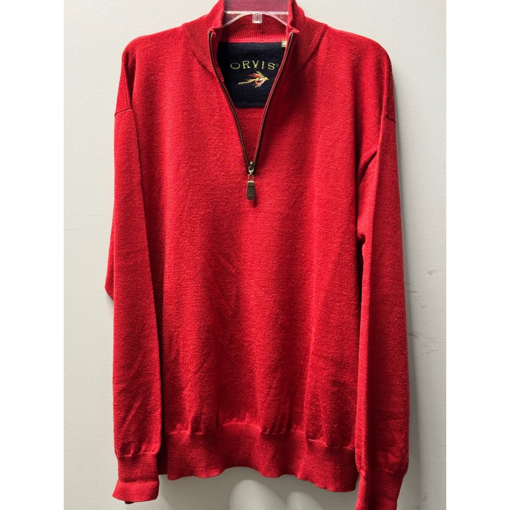 Orvis 100% Merino Wool Quarter Zip Sweater Mens XL Red Pullover Mock Neck Warm